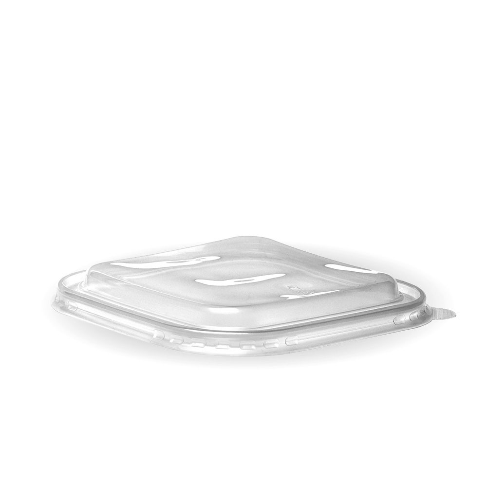Clear PP Square Takeaway Lid for square food containers, fits 400ml lids and 750ml-1 sizes. Transparent plastic lid on a white background.