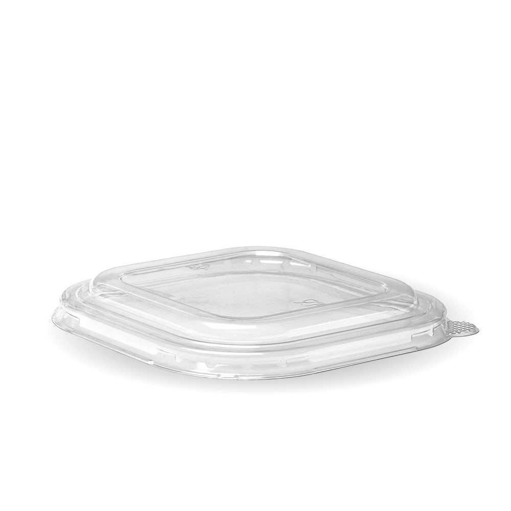 A clear RPET lid for 750ml-1,400ml containers, this square takeaway lid features a convenient pull tab and is displayed on a white background.