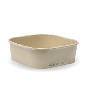 A square, beige Kraft BioBoard Takeaway Base 1 compostable paper food container with slightly rounded edges and a green BioPak logo on the side.