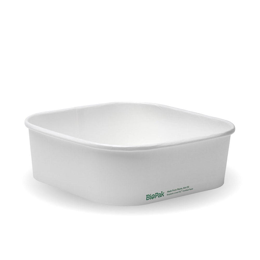 A white, square-shaped 1000ml Takeaway Base compostable food container with rounded edges and the BioPak logo printed on the side.