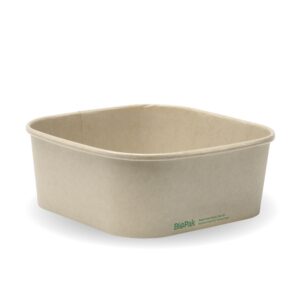 A plain, square-shaped, beige paper bowl made from Kraft BioBoard with "BioPak" branding on the side, perfect as a 200ml takeaway base, placed on a white background.