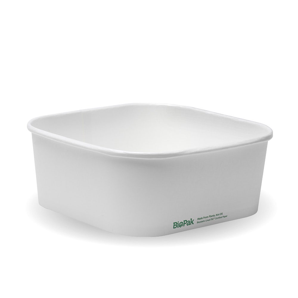 A white BioBoard Takeaway Base, 200ml, with slightly rounded edges and a small green "BioPak" logo and text on one side. This biodegradable container is square-shaped for eco-friendly food packaging.