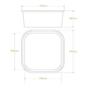 Technical drawing of a BioBoard Square Takeaway Base with rounded corners; top view shows 170mm sides, 145mm inner dimension, side view depicts a white takeaway base with 66mm height and a capacity of 1200ml.