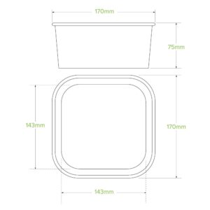 Technical line drawing of a Kraft BioBoard Takeaway Base, 400ml capacity, shown from the side and top with dimensions labeled: 170mm width, 143mm length, and 75mm height.