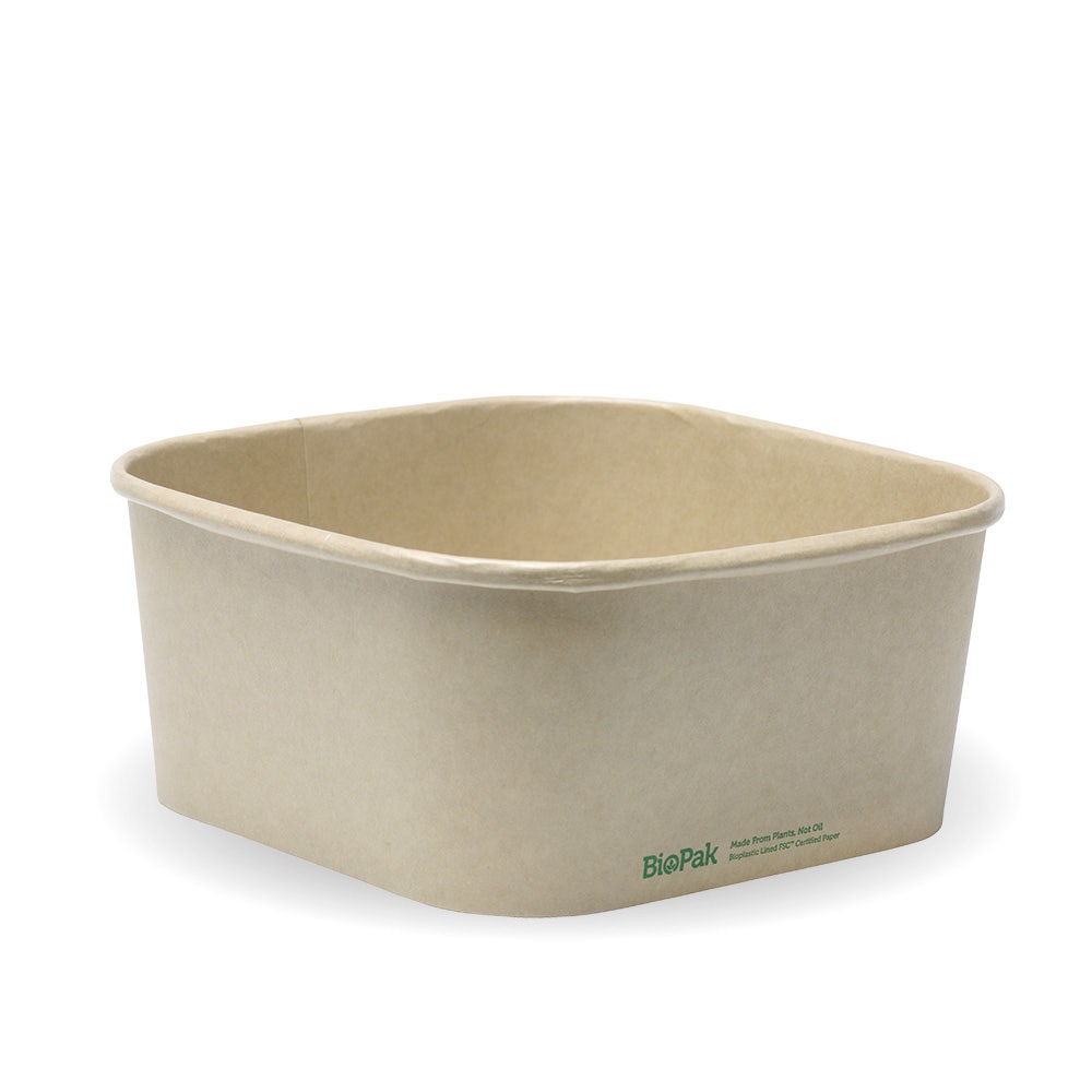 A plain, square-shaped kraft bioboard takeaway base, this 1400ml takeaway container is beige with slightly curved edges and features a small green BioPak logo on the side.
