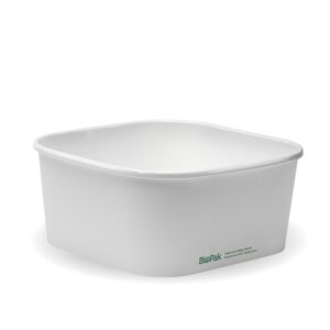 A white square takeaway container with rounded edges and a small green BioPak logo on the side, this 1400ml Takeaway Base is perfect for meals on the go.