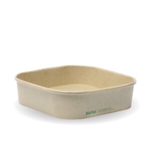 Square, beige, 750ml disposable food container made from plant-based Kraft BioBoard material, with "BioPak" branding printed in green on the side.