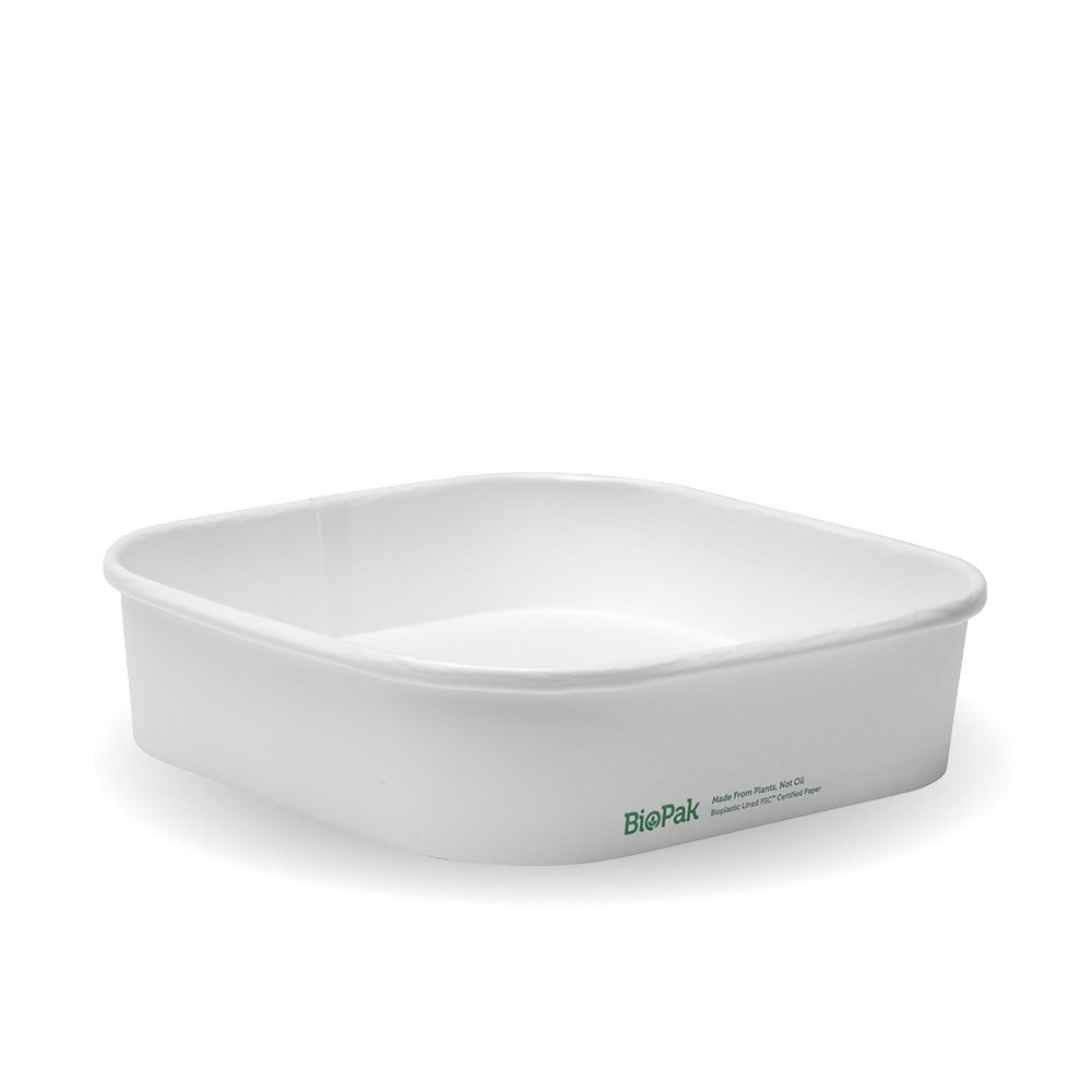 A white, square, biodegradable food container with rounded edges, the BioPak logo printed on the side—perfect as a 750ml BioBoard Base for takeaway meals.