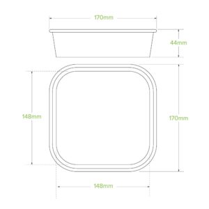 Line drawing of a square takeaway box with rounded edges, showing dimensions: 170mm width, 148mm depth, and 44mm height. Top and side views included of this 750ml takeaway container.