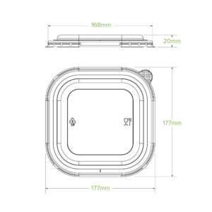 Technical drawing of a Clear PP Square Takeaway Lid with rounded corners, showing dimensions of 177mm x 177mm and a height of 20mm; suitable for 750ml-1 containers. Top and side views are included.