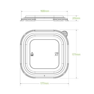 Technical line drawing of a RPET square takeaway lid with rounded edges, 177mm x 177mm and 20mm high; includes side and top views with dimensions labeled. Suitable as a clear takeaway lid for 400ml or 750ml-1 containers.