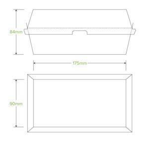 Technical drawing of a Snack BioBoard White Box, rectangular in shape with dimensions labeled: 175mm length, 90mm width, and 84mm height—ideal for storing a Regular Snack.