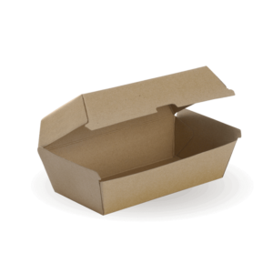 A plain brown Snack BioBoard Box takeout box with an open hinged lid, photographed against a white background.