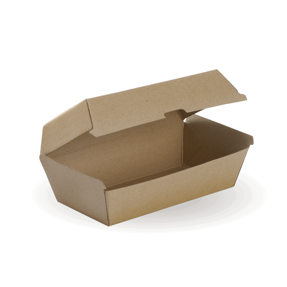 A plain brown Snack BioBoard Box takeout box with an open hinged lid, photographed against a white background.