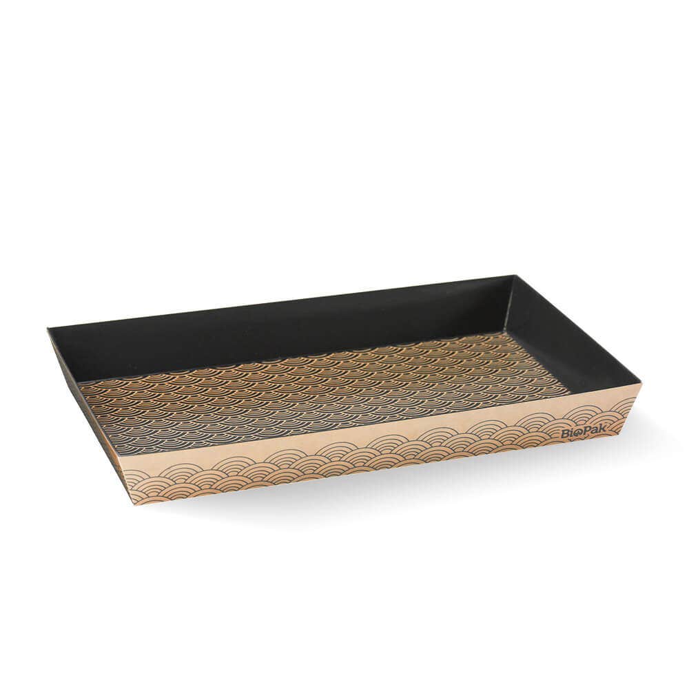 Rectangular Large Sushi Tray with a black interior and patterned gold and brown exterior, featuring the BioPak logo in one corner—an eco-friendly sushi tray perfect for stylish food presentation.