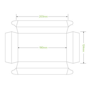 Flat box template for a Large Sushi Tray with three labeled dimensions: 203mm width, 190mm interior width, and 124mm height; all measurements are indicated with green arrows.