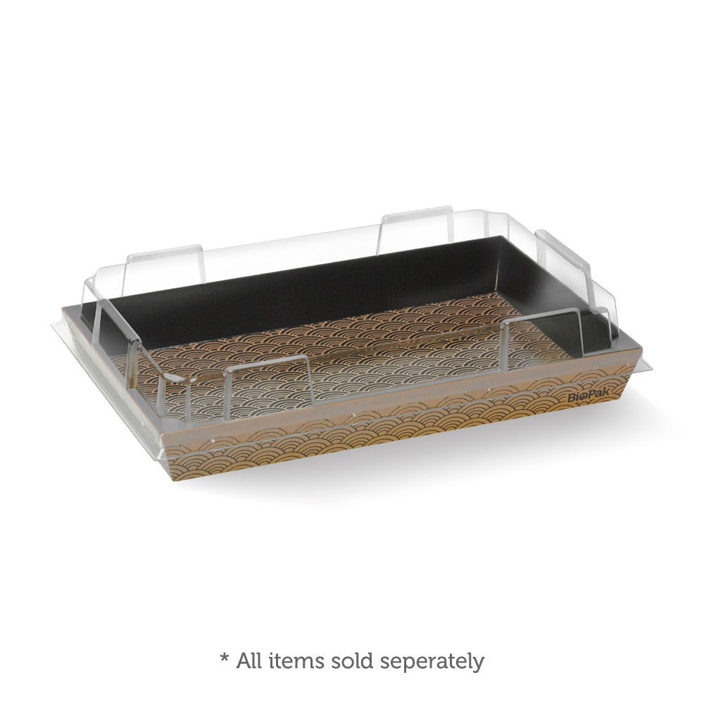Rectangular black and gold patterned Eco-friendly Sushi Tray with a clear plastic lid and raised edges; text below reads, "* All items sold separately.
