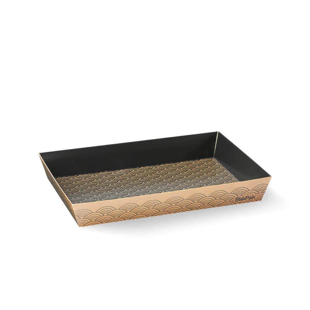 Rectangular BioBoard Sushi Tray featuring a black interior and a gold wave pattern on the inside and outside walls; an eco-friendly choice for stylish sushi presentation.