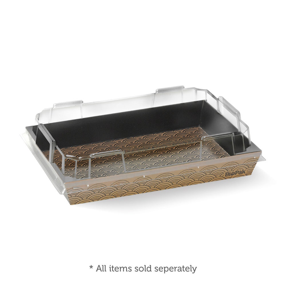 Two rectangular BioBoard Sushi Trays with patterned sides, stacked together, featuring clear lids. Text below reads: “All items sold separately.”.