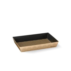 Rectangular BioBoard Sushi Tray with black interior and brown exterior featuring a repeating wave pattern. This eco-friendly sushi tray displays the BioPak logo on one corner, perfect for serving small sushi portions sustainably.