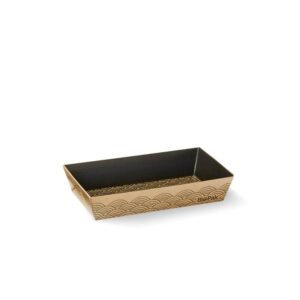 Rectangular, brown BioBoard Sushi Tray with a black interior and a repeating wave pattern on the sides; "BioPak" logo visible in the lower right corner. An eco-friendly sushi tray designed for extra small sushi servings.