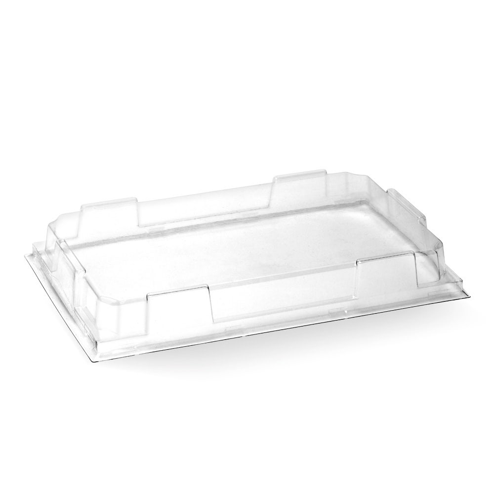 A clear rectangular PET lid with raised edges, designed to fit a large sushi tray or BioBoard sushi tray, shown on a plain white background.
