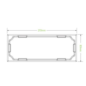 Technical drawing of a Long BioBoard sushi tray with PET lid, rectangular with rounded corners and cutouts, measuring 213mm in length and 83mm in width.