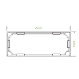 Rectangular PLA Sushi Tray Lid diagram with dimensions labeled 213mm in length and 83mm in width, featuring notches at the corners and sides.