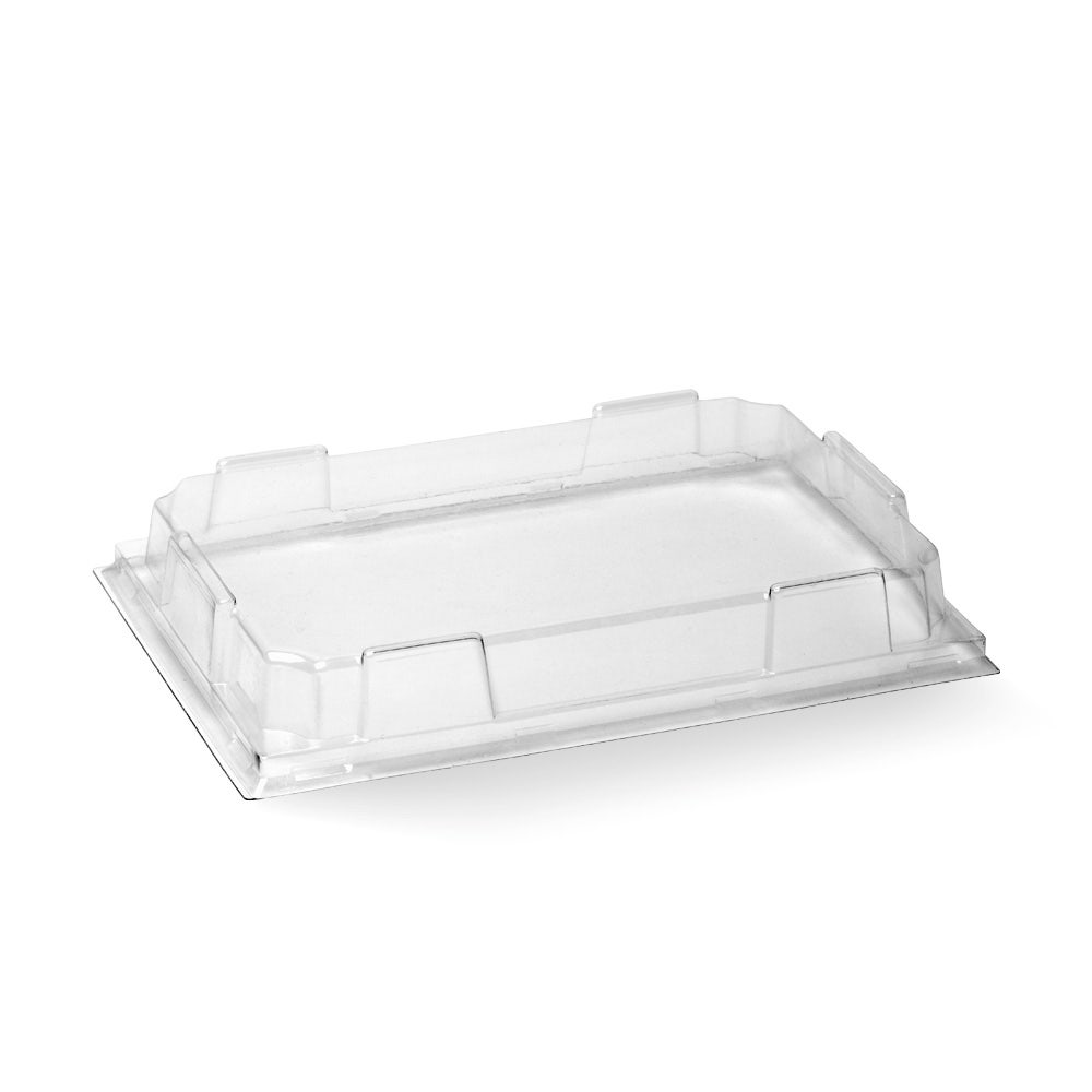Clear rectangular PET Lid designed for the Medium BioBoard Sushi Tray, featuring raised edges and photographed on a white background.
