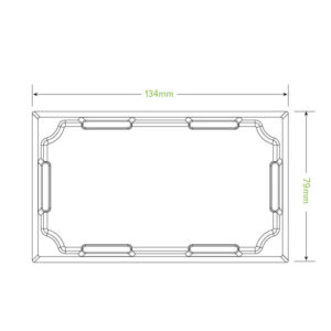 Technical diagram of an Extra Small BioBoard Sushi Tray with PET Lid, showing a rectangular shape with rounded corners, labeled dimensions 134mm width and 79mm height.