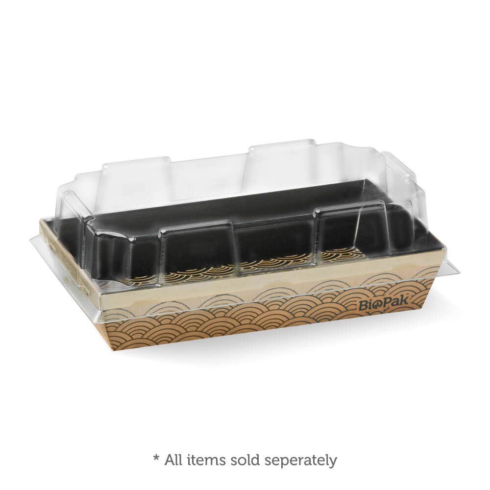 A rectangular BioBoard Sushi Tray with a clear PET Lid and a patterned base, labeled "BioPak." Text below reads, "* All items sold separately.