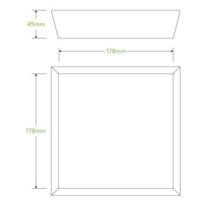 Diagram showing White Tray #2 with side length 178mm and height 45mm, made from BioBoard. Viewed from the top and side, with dimensions labeled in green text.