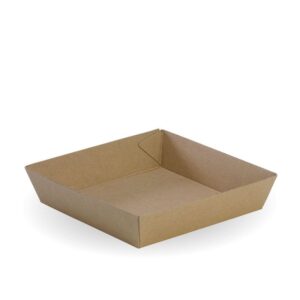 A plain, brown, square BioBoard Tray with slightly raised edges, shown on a white background—an eco-friendly food tray perfect for sustainable serving.