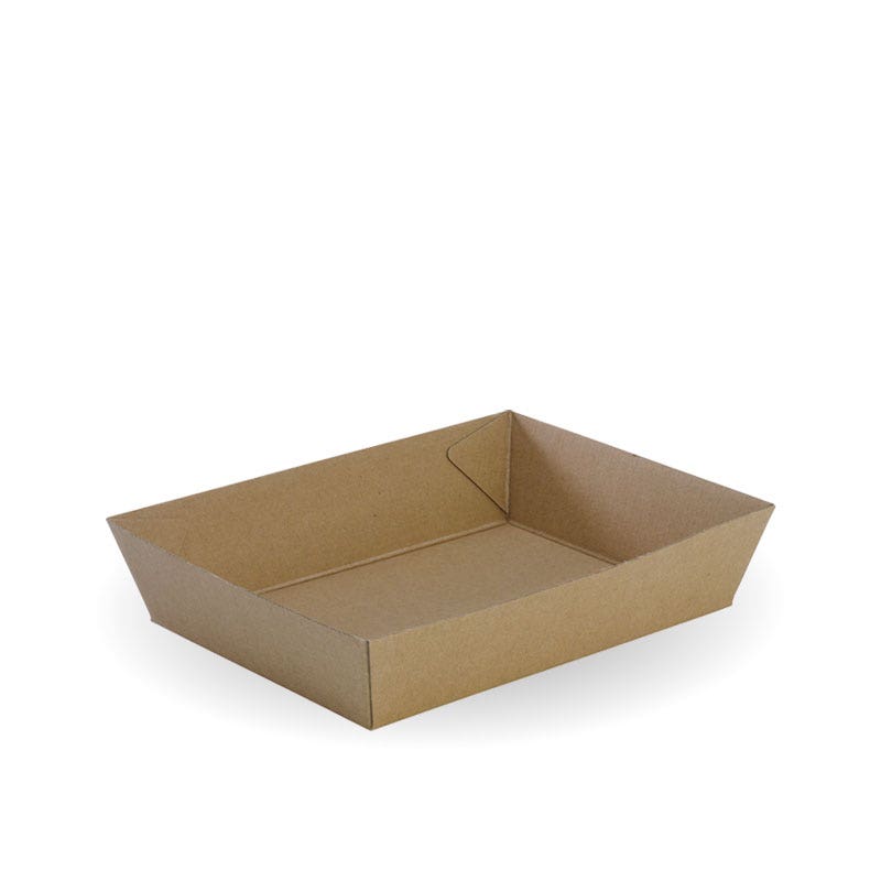 A plain, rectangular brown BioBoard Tray with slightly angled sides, this eco-friendly tray is placed on a white background.