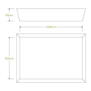 Line drawing showing the dimensions of a Bioboard Tray: 228mm wide, 152mm tall, and 45mm deep, depicted from front and side views.