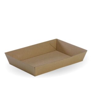 A plain, rectangular brown Bioboard Tray #4 with slightly angled sides, resting on a white surfaceโan eco-friendly tray ideal for serving food sustainably.