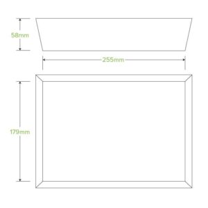 Line drawing of Bioboard Tray #5, a rectangular White Tray with dimensions labeled: 255mm wide, 179mm tall, and a top section height of 58mm.