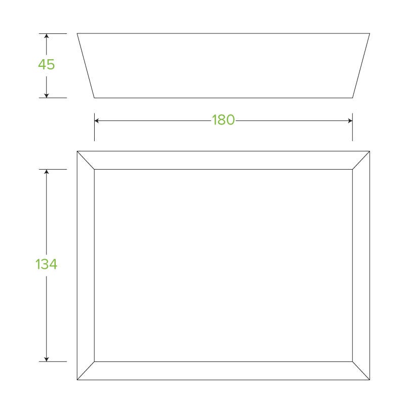Line drawing of a rectangular BioBoard Tray with dimensions labeled: width 180, height 134, and top view depth 45โideal as an eco-friendly tray for sustainable food presentation.