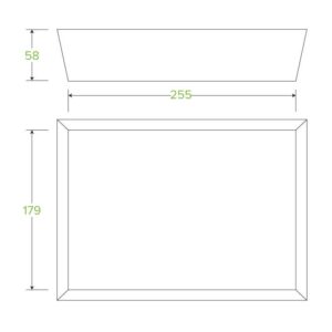 Line drawing of a rectangular Bioboard Tray #5 with top and front views, showing dimensions: 58 (height), 255 (width), and 179 (height), with green measurement indicators for this eco-friendly tray.