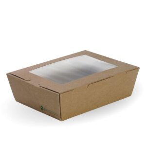 A closed BioBoard Lunch Box with a transparent plastic window on top, this large lunch box is made of brown cardboard and displayed against a white background.