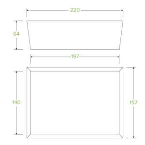 Technical drawing of a BioBoard Lunch Box: trapezoidal shape with top 220, bottom 197, height 64. Front view rectangle is 140 by 220, with side depth 157. All units unspecified.