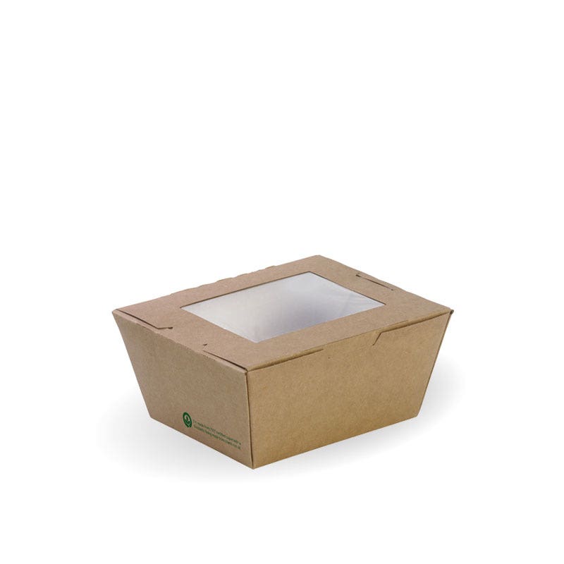 Brown BioBoard Lunch Box with a clear plastic window on top, placed on a white background. This eco-friendly Lunch Box With Window is perfect for displaying and carrying your meals conveniently.