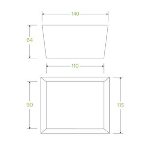 Line drawing of a BioBoard Lunch Box shows a trapezoidal box with dimensions: top width 140, bottom width 110, height 64, and a top view measuring 115 by 90. Measurements are in unspecified units.