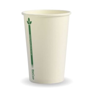 A plain, white Single Wall BioCup with a green line and leaf symbol on the side, labeled "BioCup.