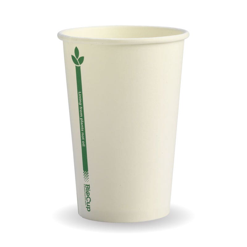 A plain, white Single Wall BioCup with a green line and leaf symbol on the side, labeled "BioCup.