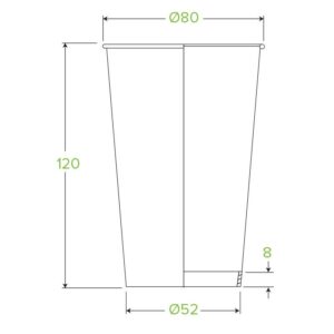 Line drawing of a tapered Black Single Wall BioCup (350ml cup) with measurements: 120 mm height, 80 mm top diameter, 52 mm bottom diameter, and 8 mm base thickness.