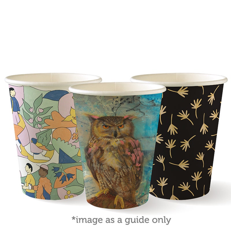 Three single wall cups with unique designs: abstract floral art, an owl illustration, and a black background with beige leaf patterns. Each is a 12oz cup from the Art Series BioCup collection.