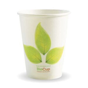 White biodegradable 390ml cup with three green leaves printed on the front and the words "BioCup Made from plants not oil. It doesn't cost the earth" below the leaves. This Leaf Single Wall BioCup is an eco-friendly choice for your beverages.
