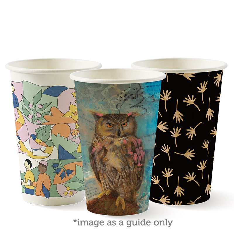 Three 12oz single wall cups with unique designs: abstract people and plants, a realistic owl, and a black cup with beige botanical patterns. Each is a compostable PHA BioCup—eco-friendly style for any occasion.