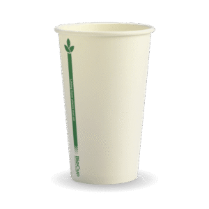 A plain, white Single Wall BioCup with a green vertical stripe and leaf design stands upright on a white background.